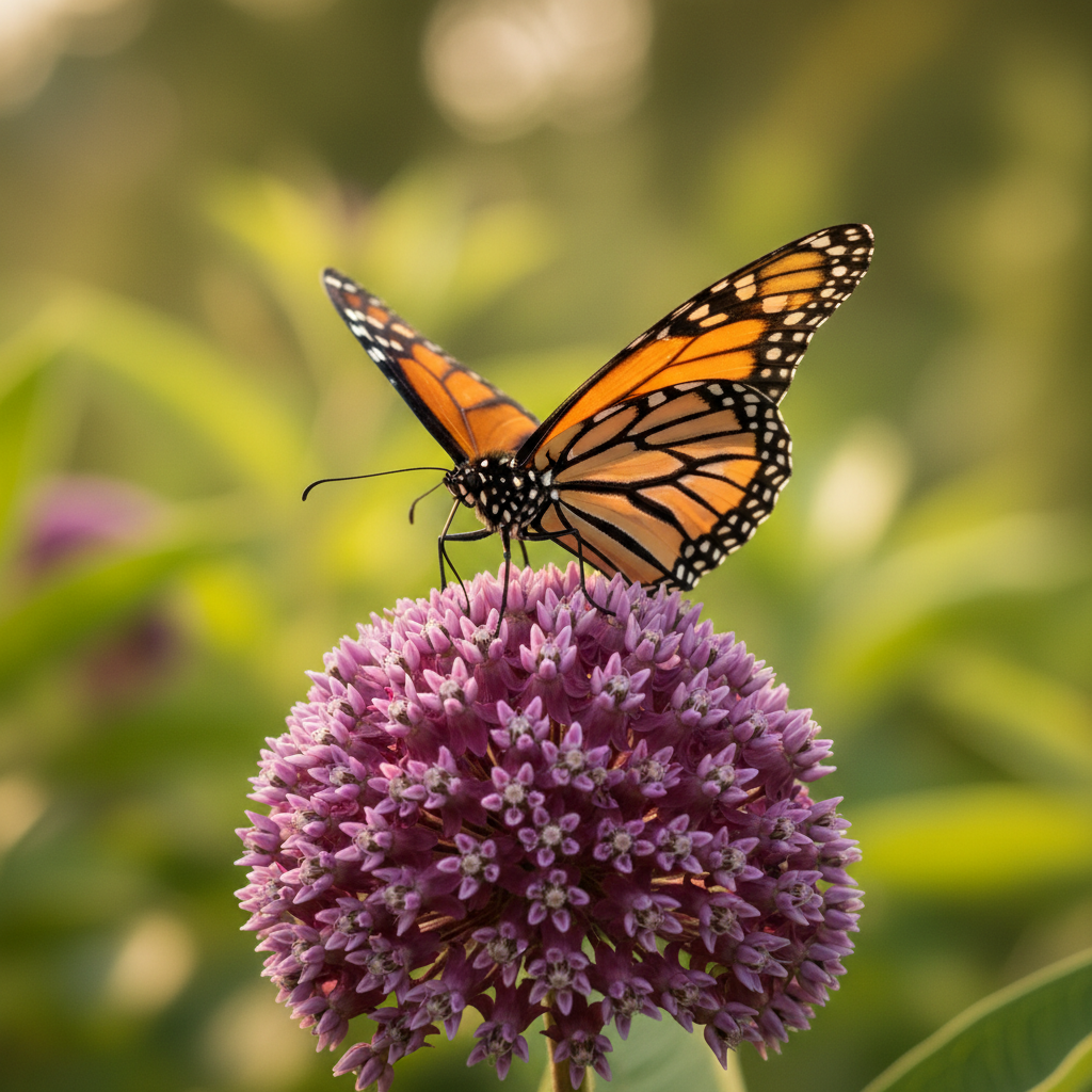 Monarch Butterfly on Milkweed Cluster