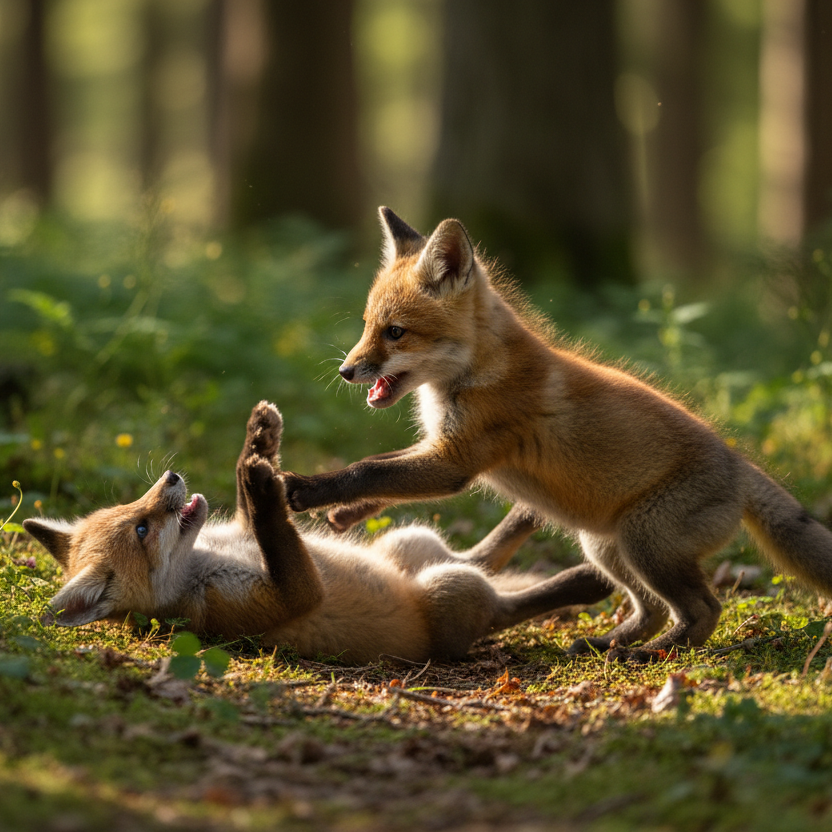 Two Young Fox Kits Playing