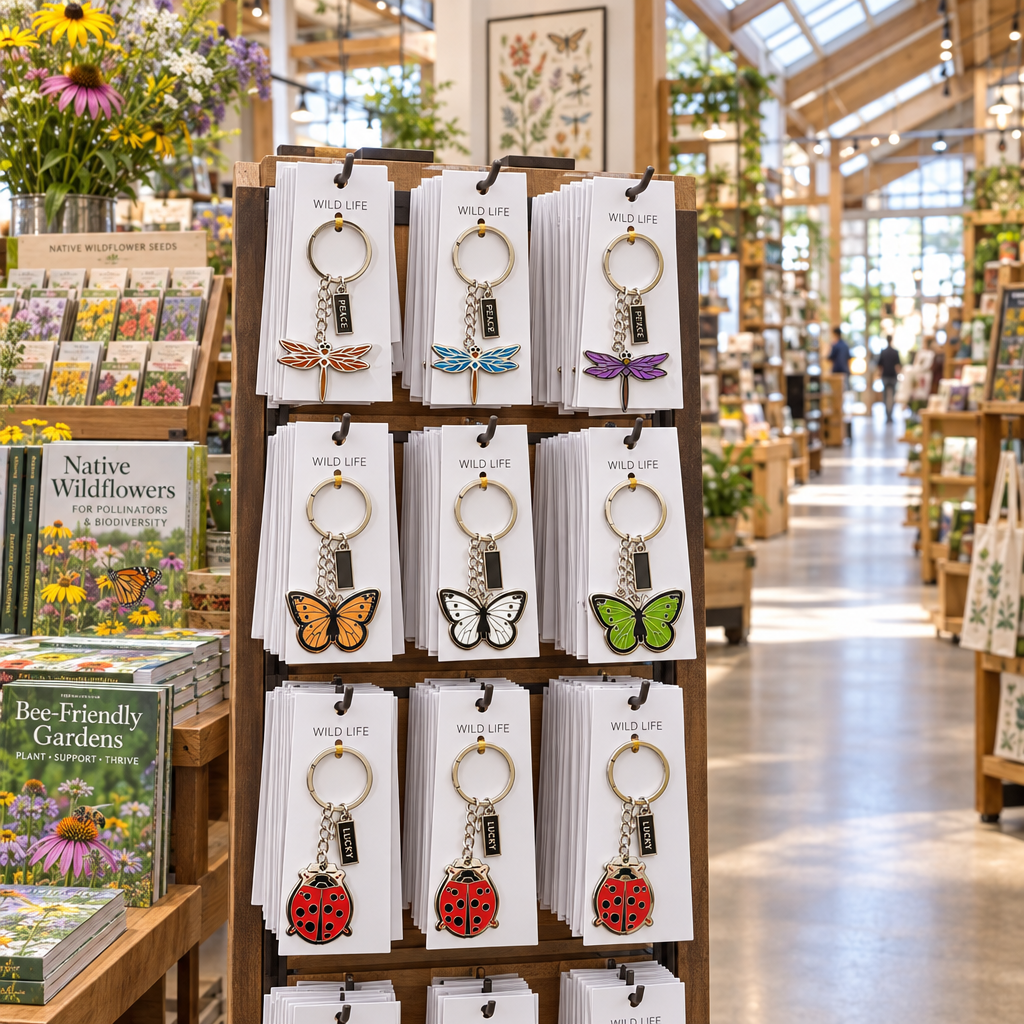 Wildlife keychains in a spacious pollinator-inspired nature store