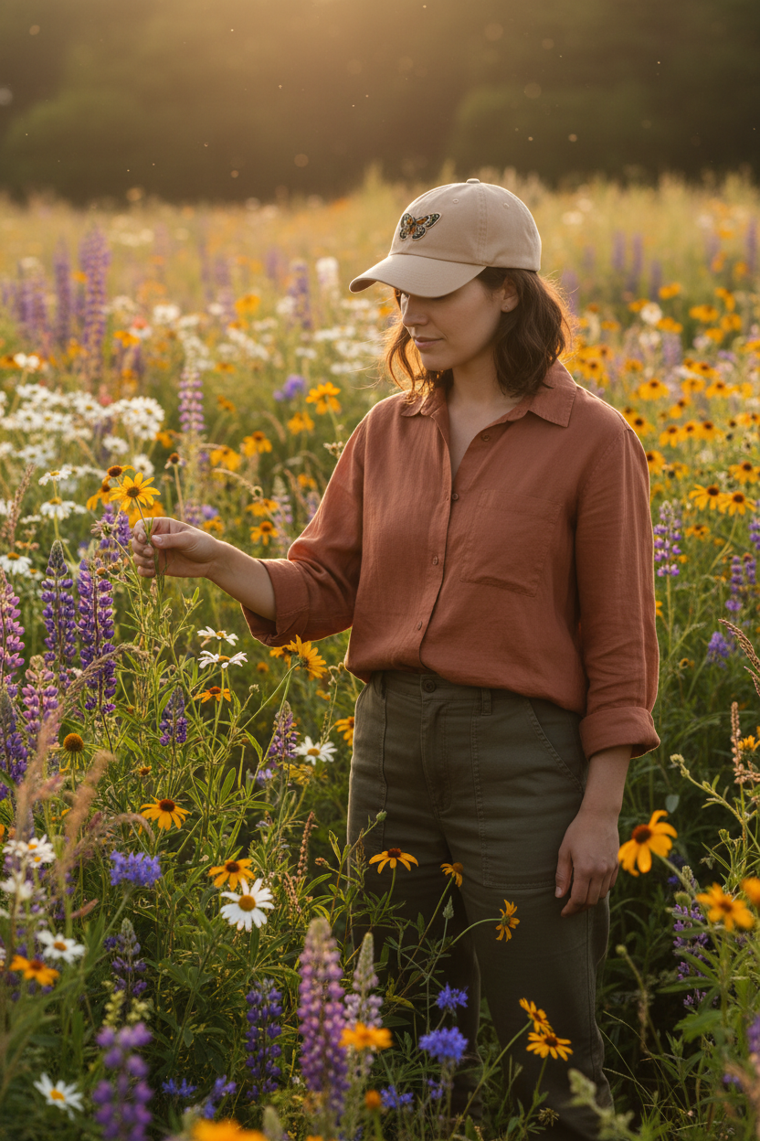 Woman in Wildflower Garden Wearing Metalmark Butterfly Hat
