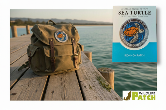 Sea turtle embroidered iron-on patch product card overlaid on backpack dock lifestyle photo — Wildlife Patch