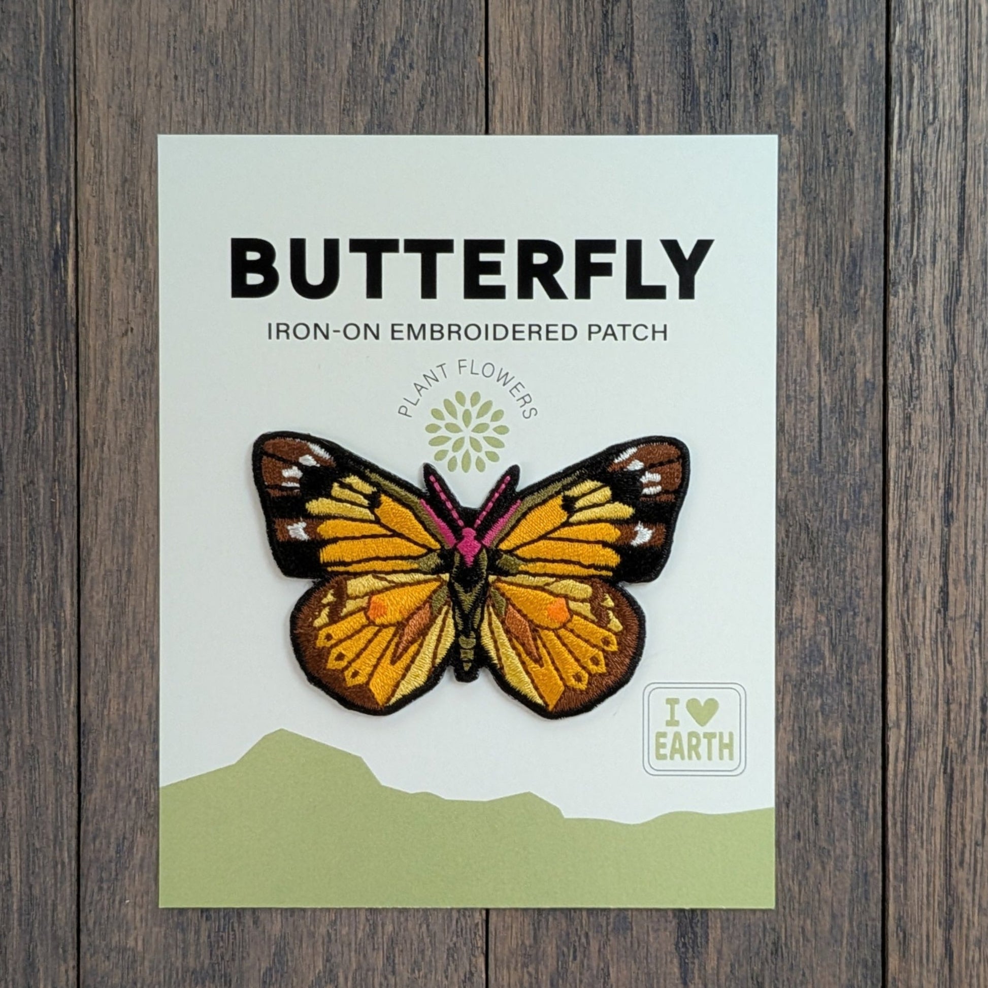 Embroidered patch of Clouded Yellow Butterfly on a white display card, 2.5 ", high quality embroidery, retail item. Pack of 15.