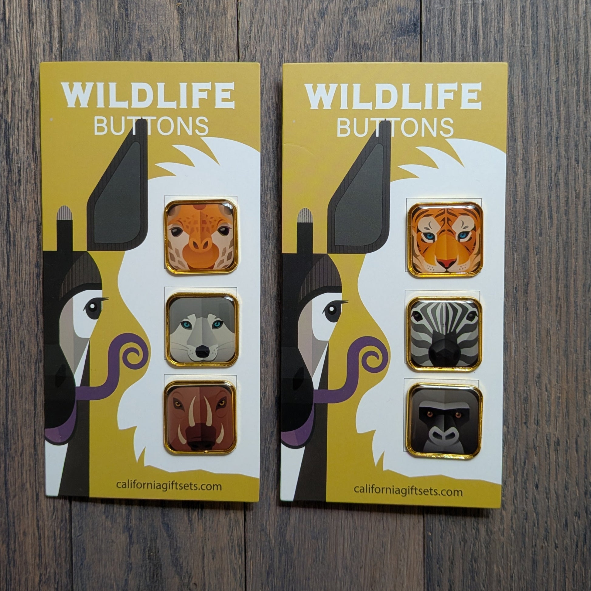 Tiger,Giraffe,Wolf,Zebra,Gorilla,Wild Boar Square Enamel Pin set.  Shop Wildlifepatch.com