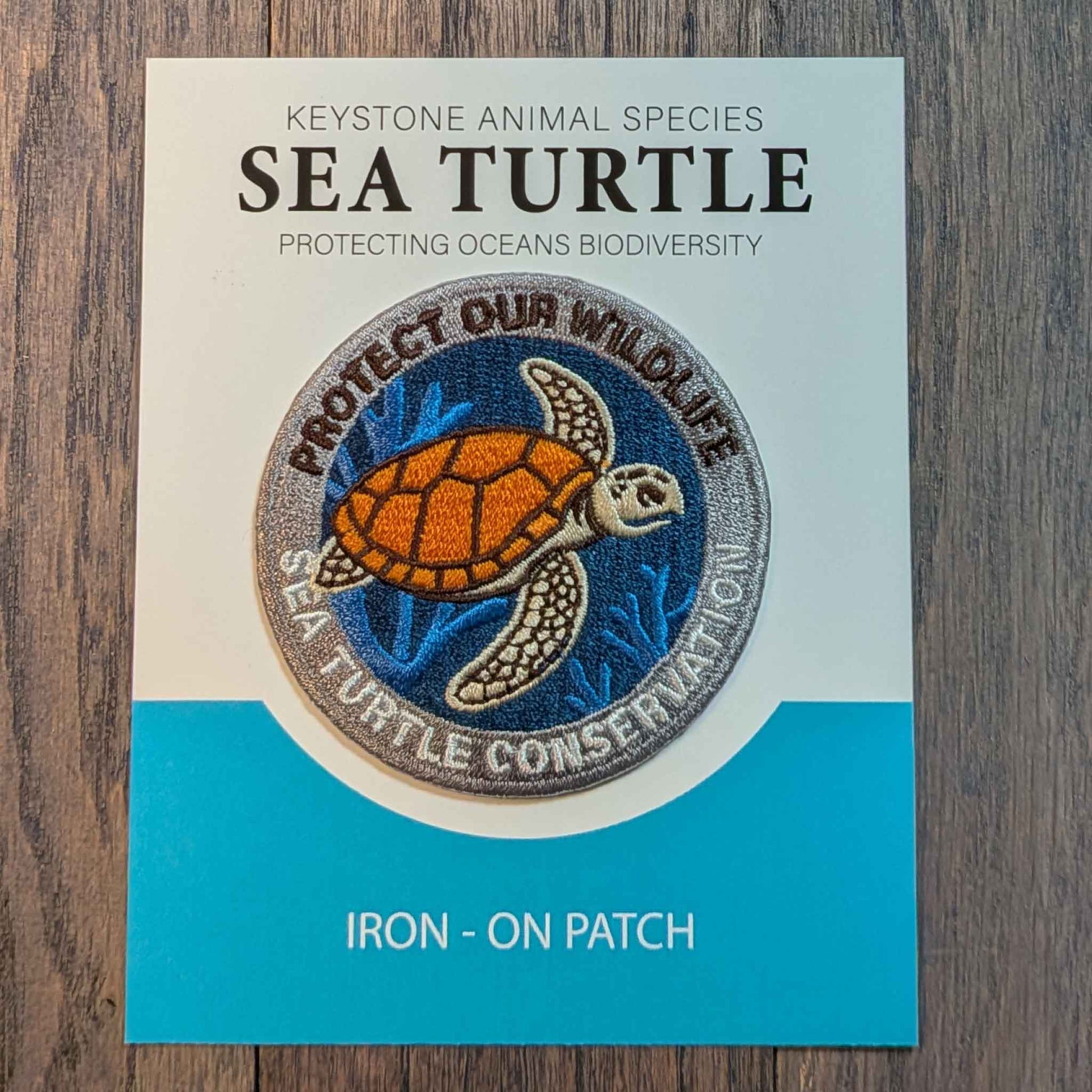 Sea Turtle Embroidered Iron -On Patch for conservation. Keystone animal species collectors edition patches.