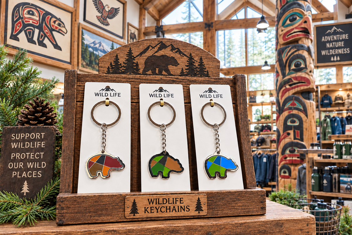 Bear keychain display with website text removed from product cards