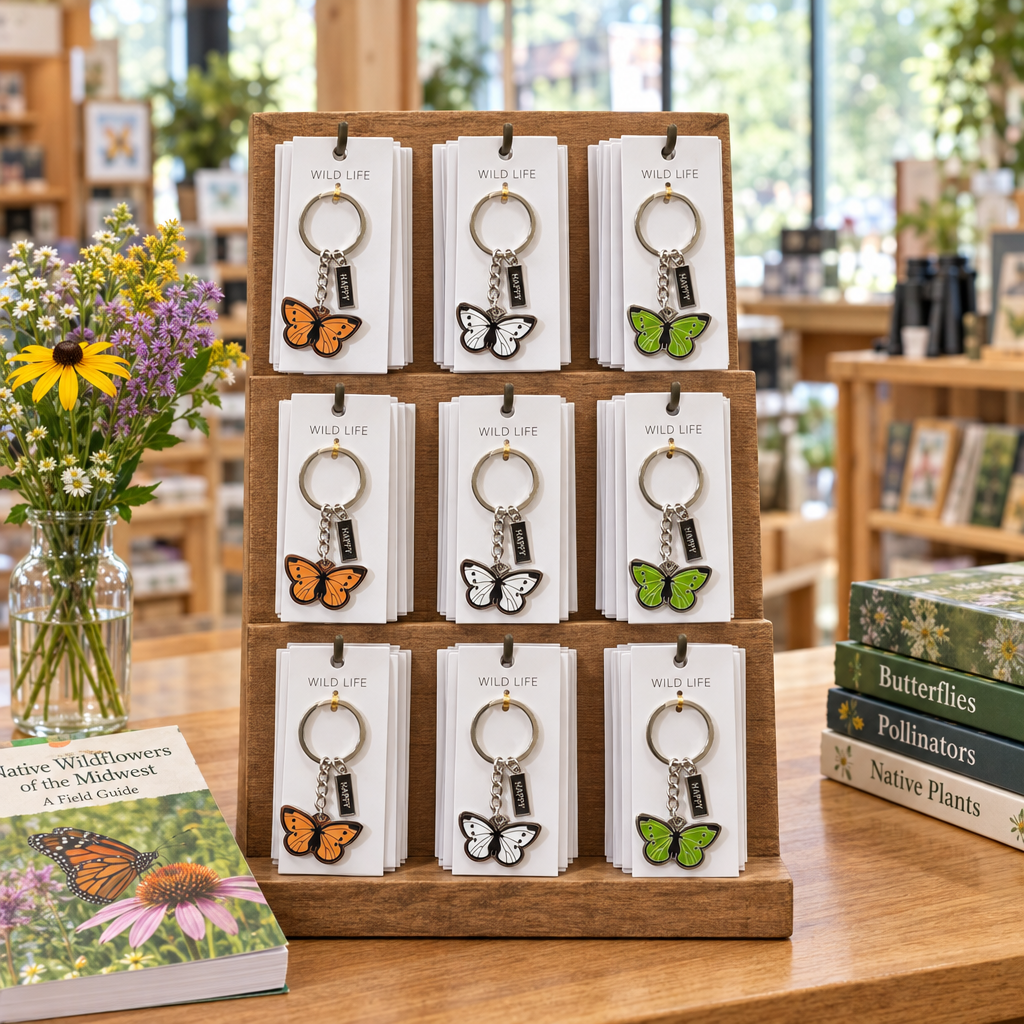 Butterfly keychains on a stocked tabletop display in a nature store