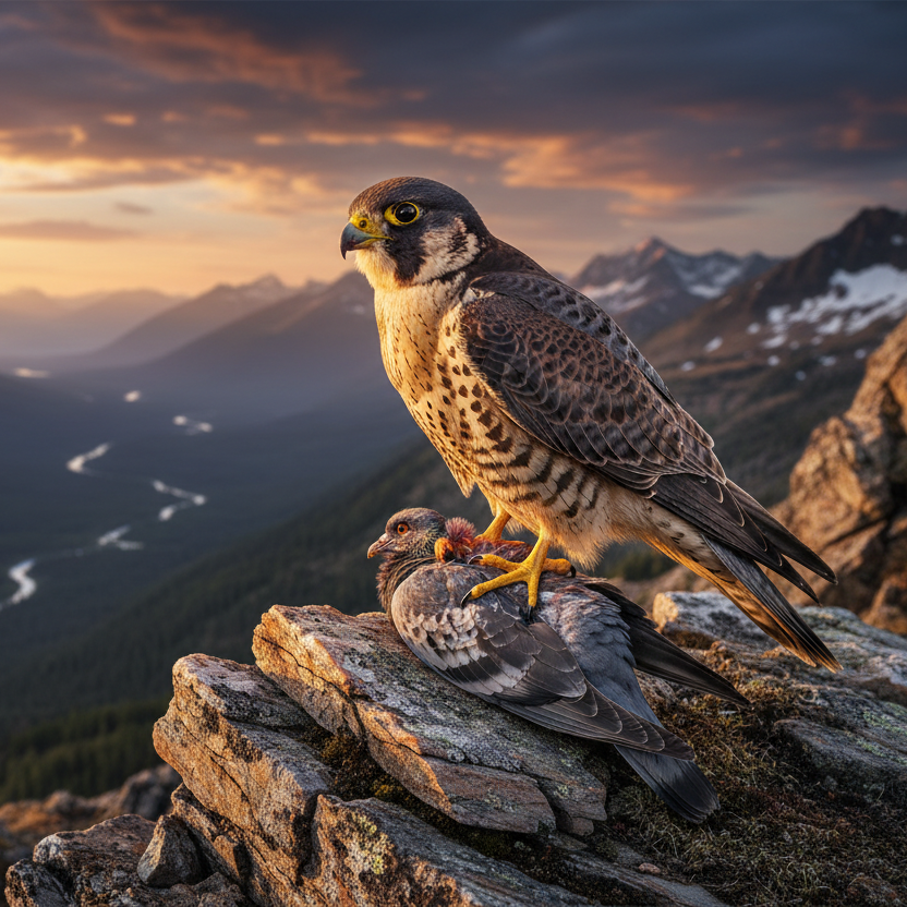 Falcon with Prey on Rock