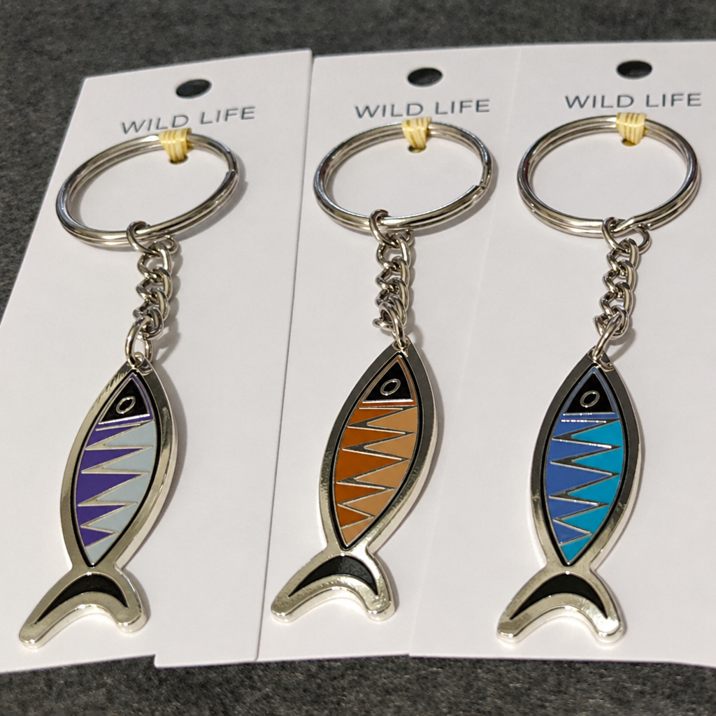 Fish keychain cards with website URL removed