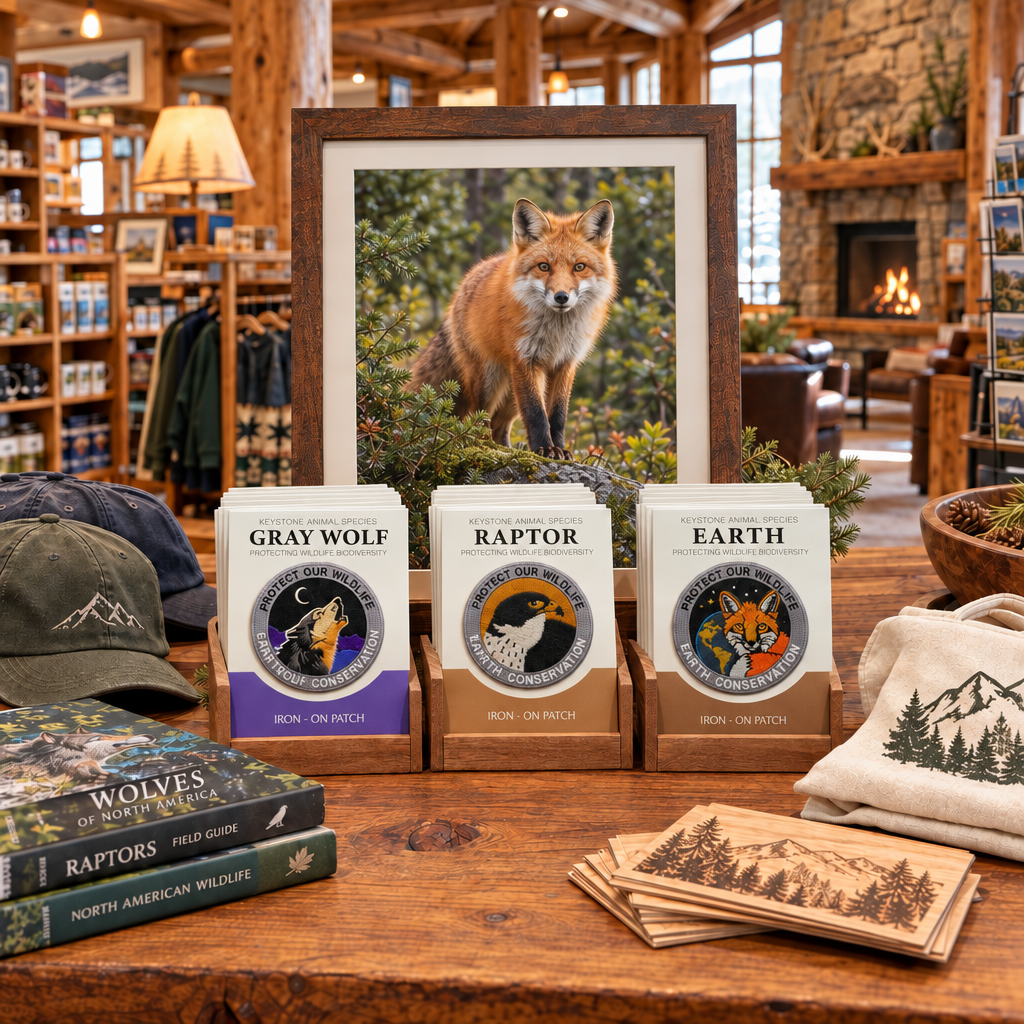 Fox-focused timber lodge patch display