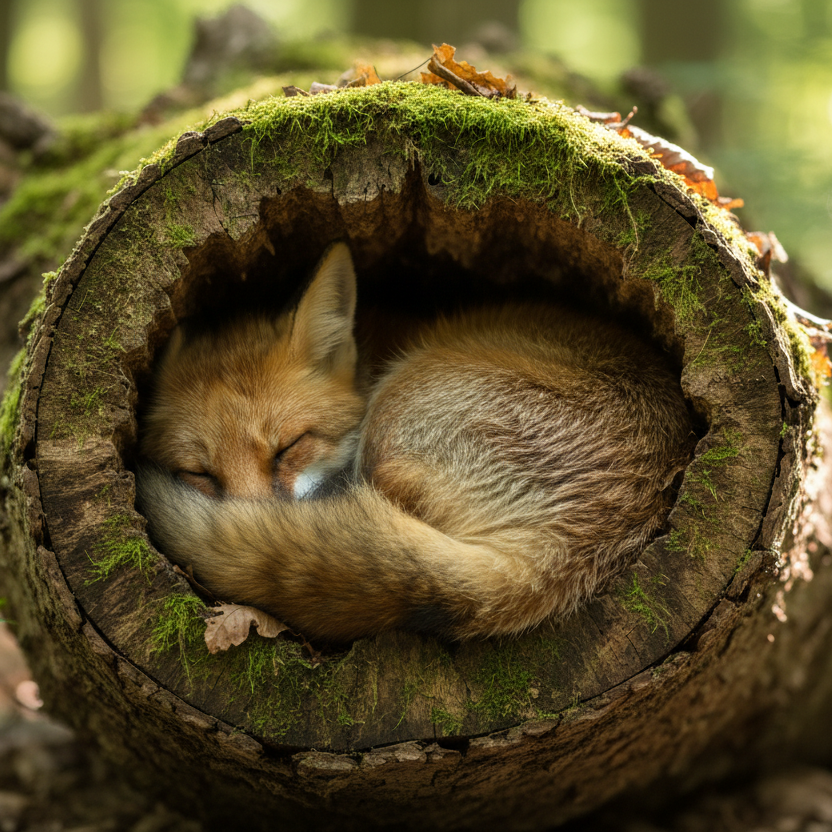 Fox Sleeping in Log