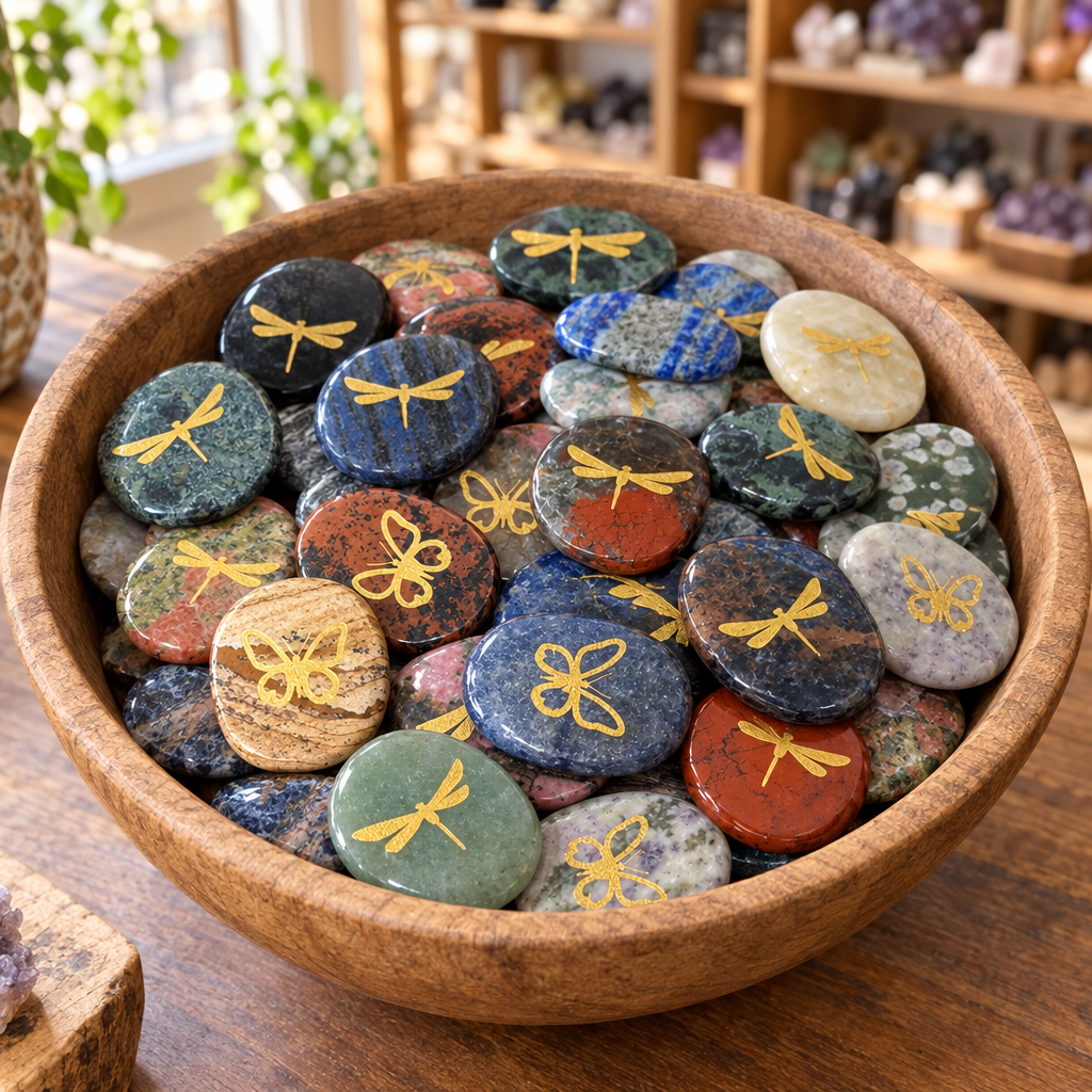 Gratitude Gem stones in a wooden bowl on a retail shop counter