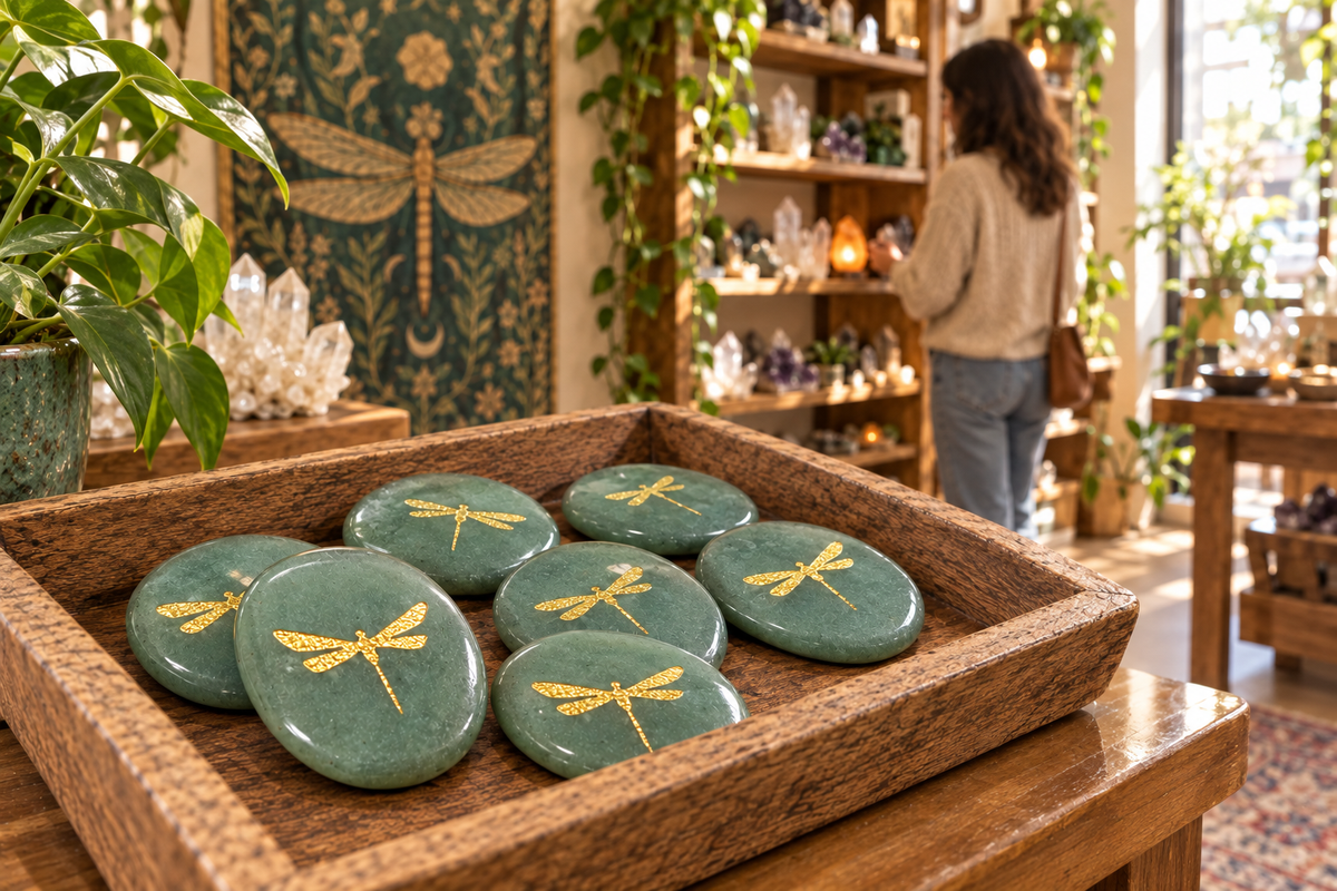 Jade dragonfly stones in the foreground with a shopper browsing the crystal shop