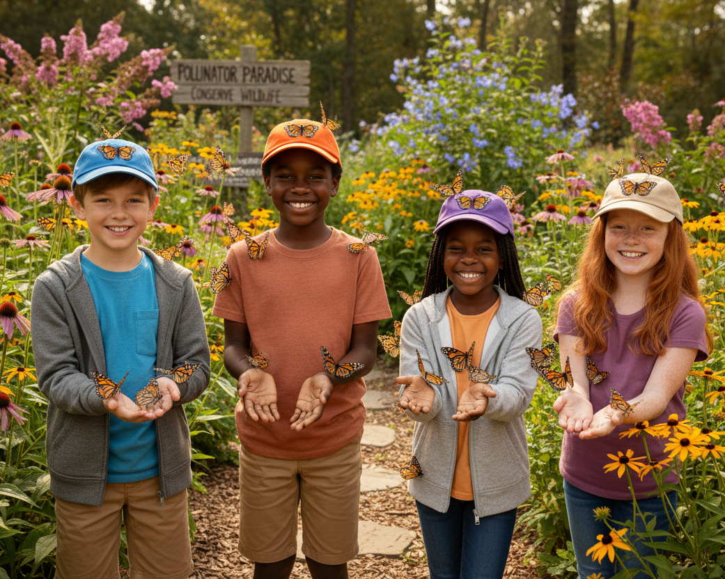Kids in Butterfly Garden with Colored Hats