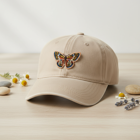 Metalmark Butterfly Patch on Beige Hat - Product Shot