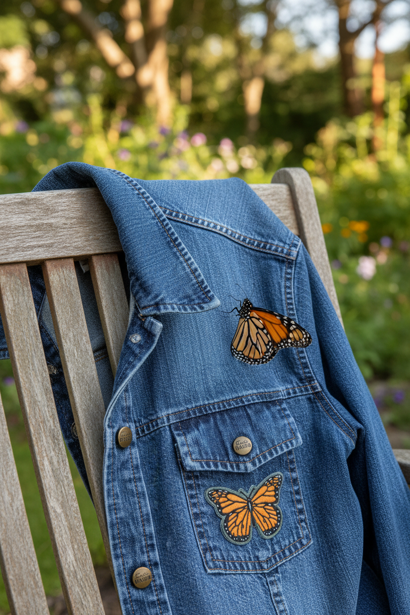 Monarch Patch on Denim Jacket with Real Butterfly Landing