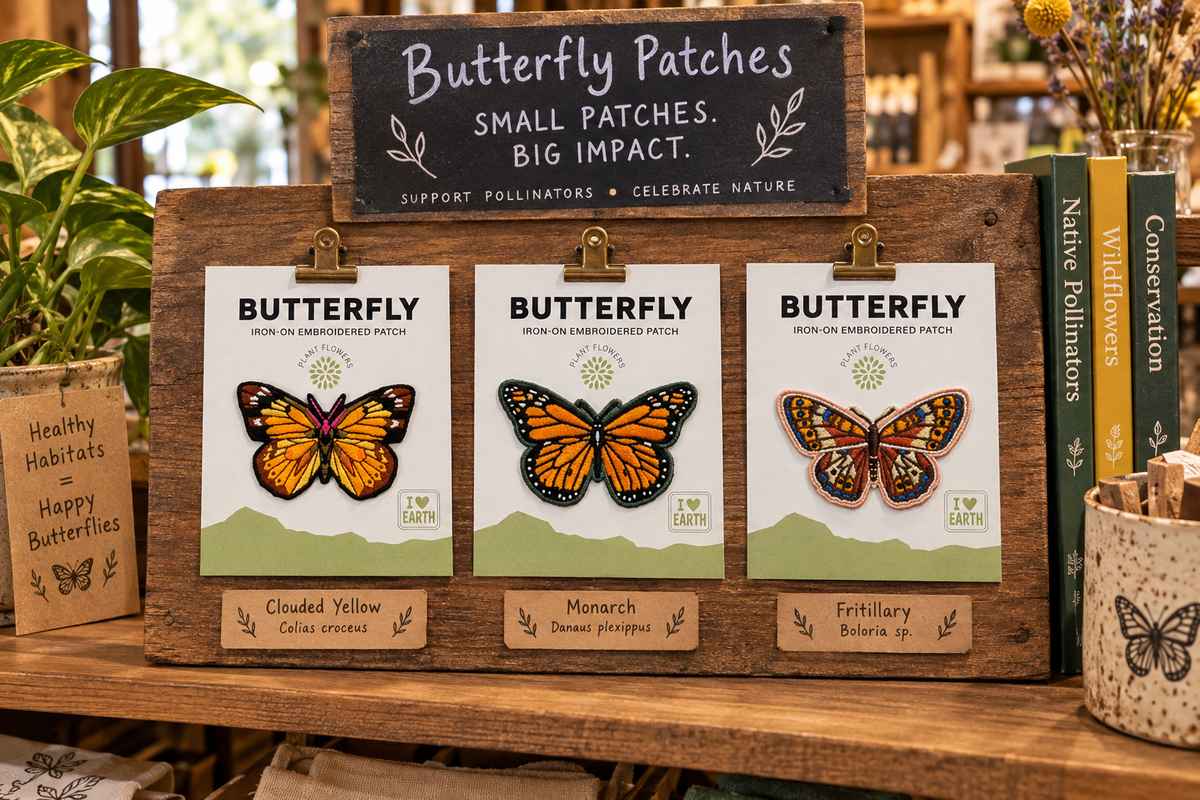 Nature shop display with Clouded Yellow, Monarch, and Fritillary patches