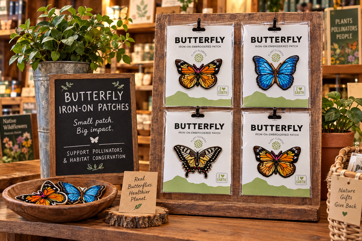 Real embroidered patches (yours only) displayed in a nature shop setting