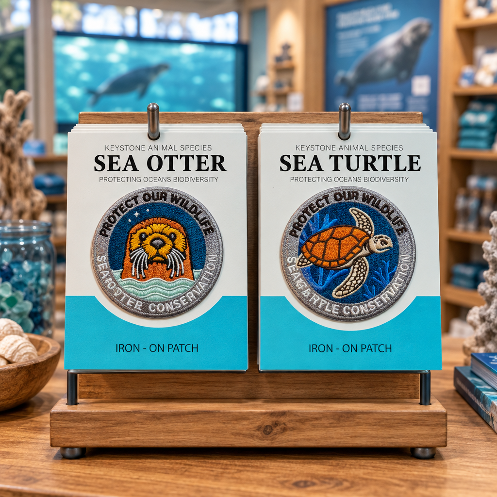 Sea otter and sea turtle patch cards in an aquatic gift shop display