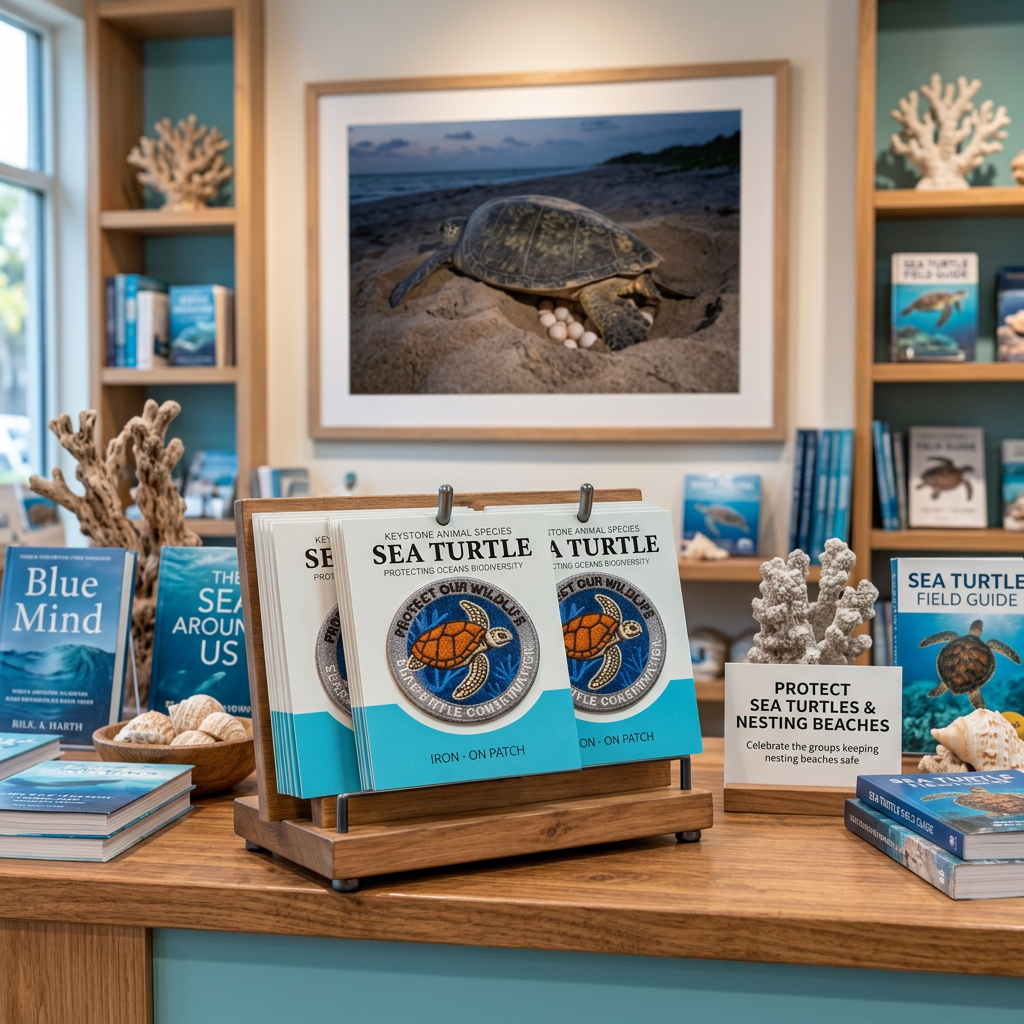 Sea turtle patch display in a seaside gift shop with a nesting turtle wall photograph