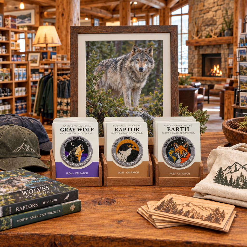 Stocked conservation patch display around a wolf photograph in a timber lodge
