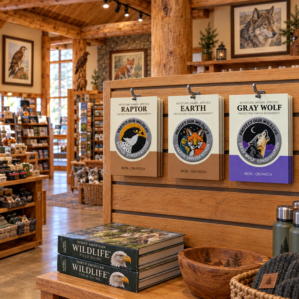 Three conservation patch cards on a slat wall in a rustic timber-lodge gift shop