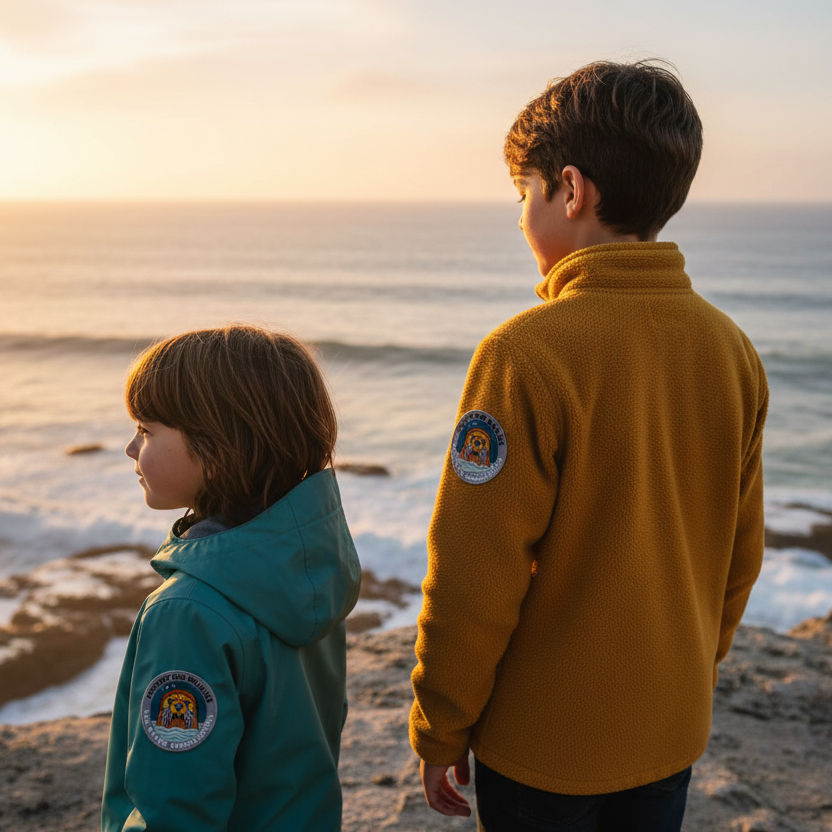 Two Kids with Sea Otter Patch Looking at Ocean