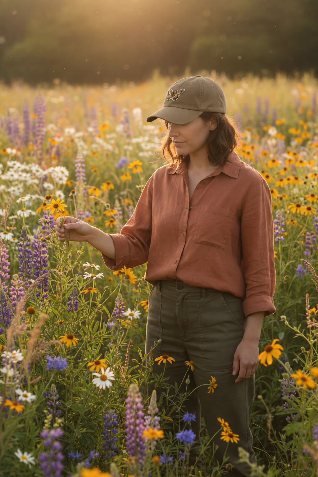 Woman in the wildflower garden with a darker khaki Metalmark butterfly hat